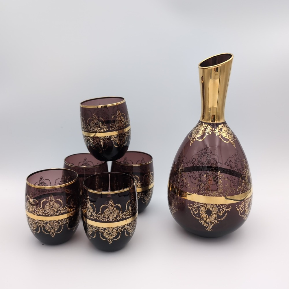 Vintage Murano Style Amethyst Purple Gold Glass Decanter 5 Glasses Venetian Wine